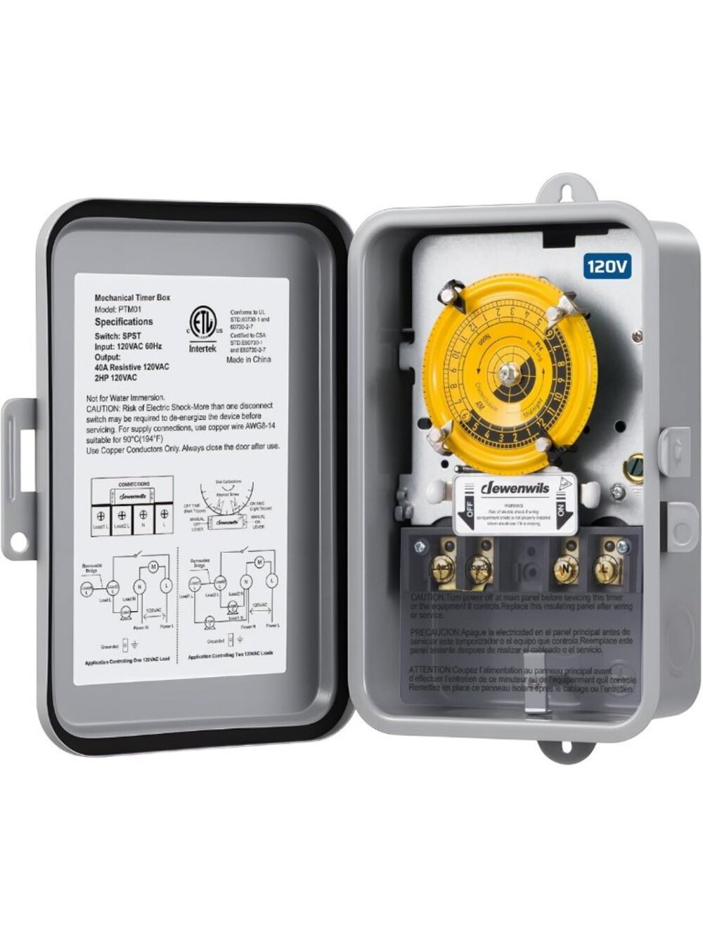 24-Hour Mechanical Timer Switch - 120VAC, SPST, Heavy Duty 2HP, 40A Control